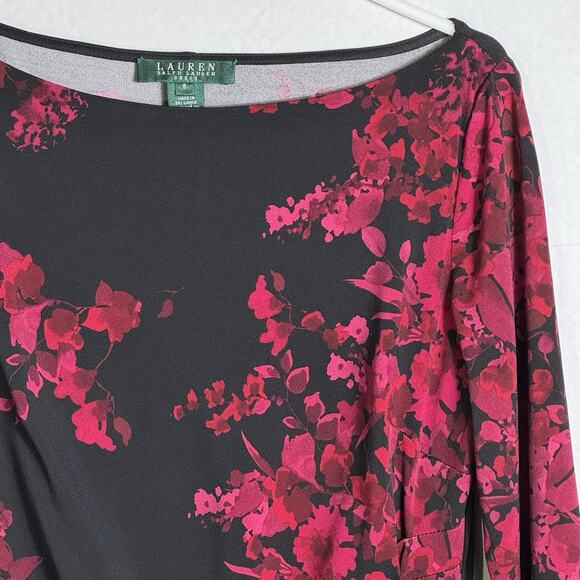 Ralph Lauren Womens Dress Black Floral Stretch Faux Wrap Ruched Elegant Sheath 8 - Picture 4 of 9